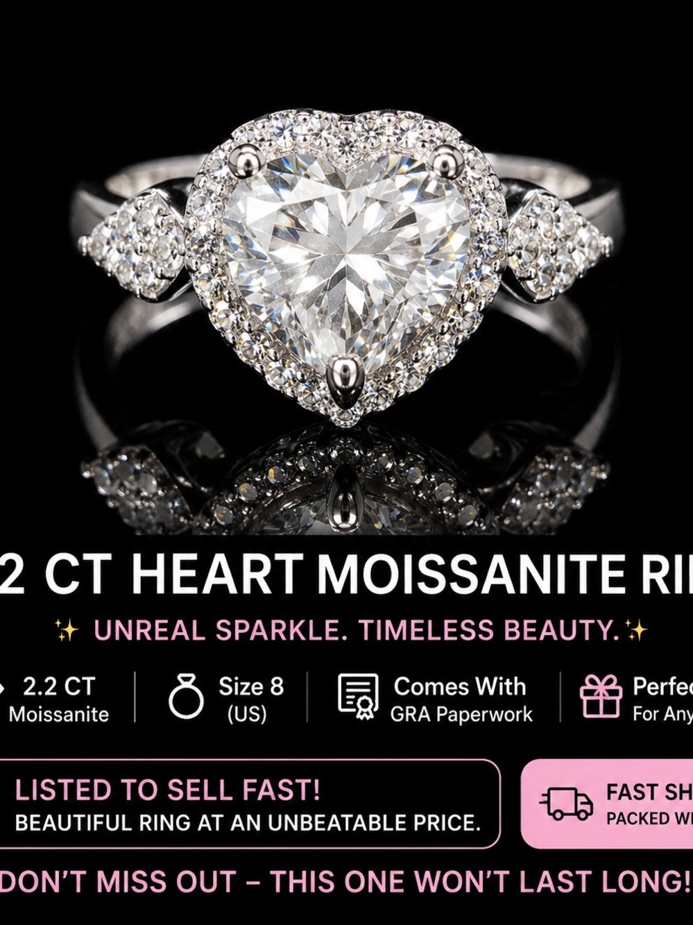 Heart Halo Moissanite Engagement Ring in Silver - Unbranded